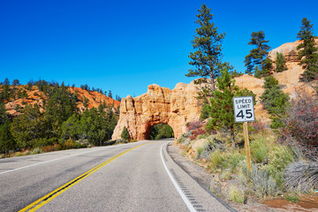 Red sandstone natural bridge in Bryce Canyon National Park in Utah, USA