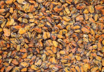 Frozen mussels on fish market, view from top, fits as background