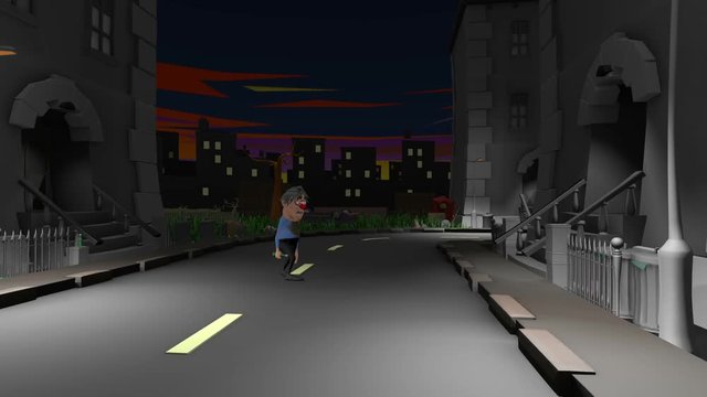 A drunk man staggers home in the early hours through a run down neighbourhood. He stops to urinate and vomit then staggers on his way. A funny 3D animated Cartoon.