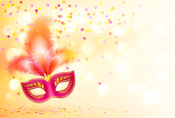 Red vector carnival mask with feathers on bokeh lights and confetti background