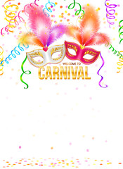 Bright vector carnival masks with feathers and golden sign Welcome to Carnival