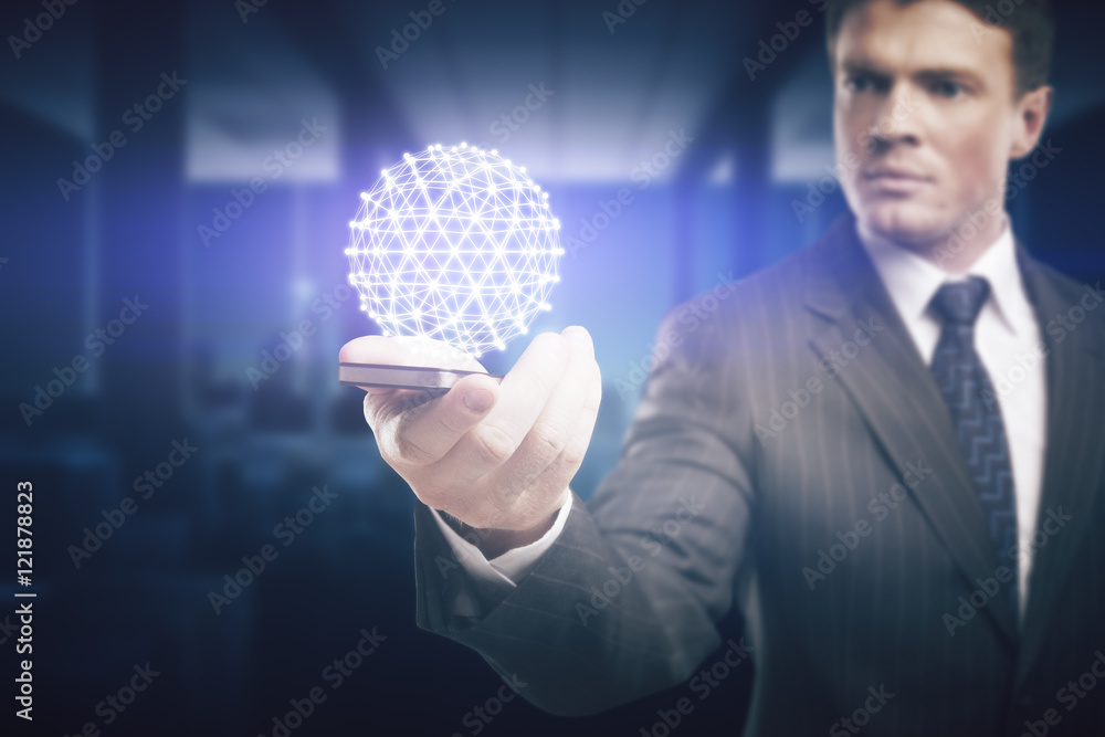 Poster man holding smartphone with digital model