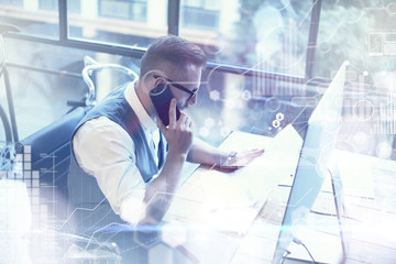 Concept Global Connection Virtual Icon Diagram Graph Interface Marketing Reserch.Bearded Businessman Making Great Business Decisions.Young Man Working Startup Desktop.Using Smartphone Call Partner.