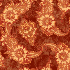 Chocolate colors vector floral seamless pattern in Indian henna mehndi style
