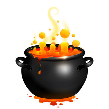 Black vector cauldron with orange witches magic potion