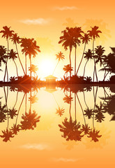 Orange sky vector palms silhouettes with reflection