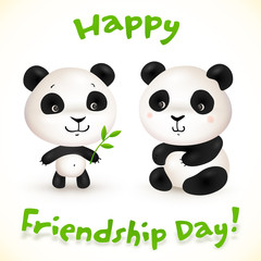 Cute little pandas friends with bamboo leaves, vector illustration