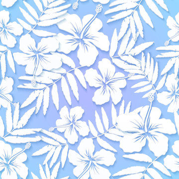 White cutout paper flowers on blue background vector seamless pattern