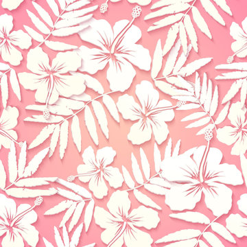 White paper tropical flowers on pink background, vector seamless pattern