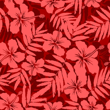 Red Tropical Flowers Silhouettes Vector Seamless Pattern