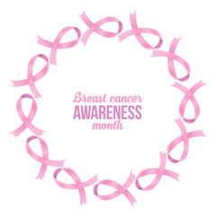 Breast cancer awareness month vector pink ribbons round frame