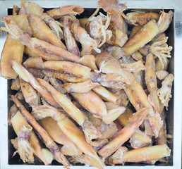 Frozen squids on a fish market, view from top