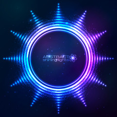 Bright shining blue neon vector sun at dark cosmic background