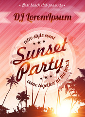 Sunset beach party vector pink shining poster template