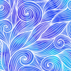 Light blue doodle watercolor waves, vector seamless pattern