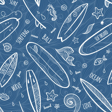 Blue and white outlines doodle surfboards vector seamless pattern