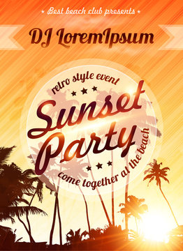 Orange sunset sky with palms silhouettes vector beach party poster template