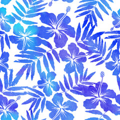 Blue watercolor vector hibiscus silhouettes seamless pattern