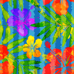Bright vivid colors watercolor tropical flowers vector seamless pattern with grunge vertical stripes