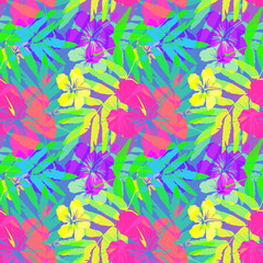 Fototapeta na wymiar Vivid tropical flowers and leaves vector seamless pattern tile