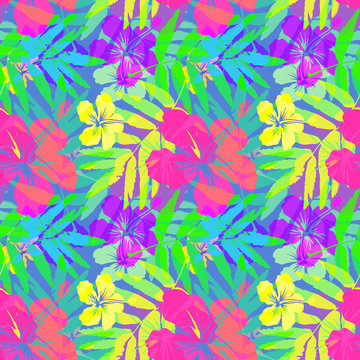 Vivid tropical flowers and leaves vector seamless pattern tile