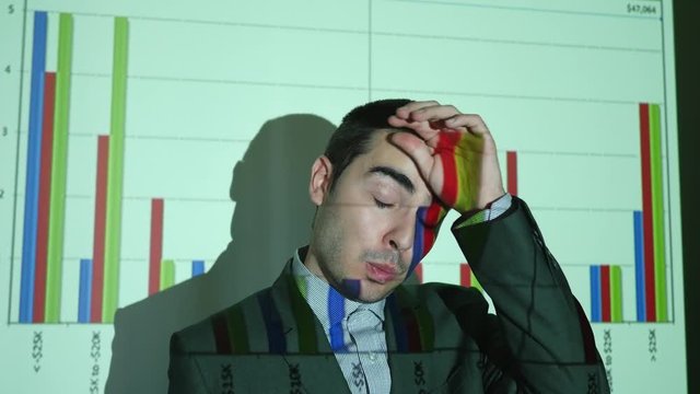 Man being overly anxious during a business presentation.