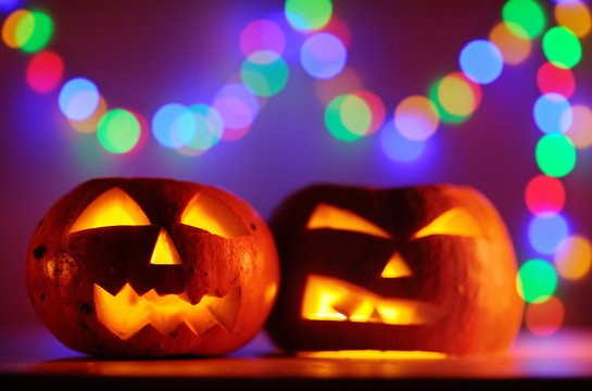 Two Halloween pumpkins head jack lantern