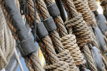 Ropes Detail of the mooring ropes in the ship.