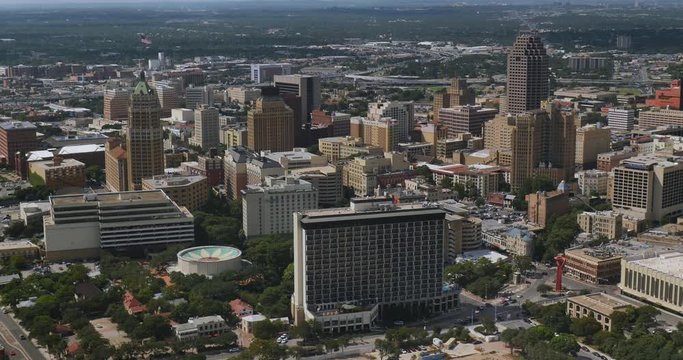 An aerial view over the skyline of San Antonio, Texas.  	