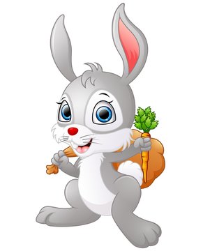 Cartoon happy rabbit holding a carrot and a sack