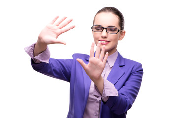 Businesswoman holding hands isolated on white