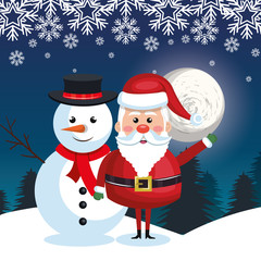 santa and snowman landscape snow moon design vector illustration eps 10