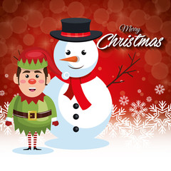 card merry christmas snowman with elf and snowflakes vector illustration