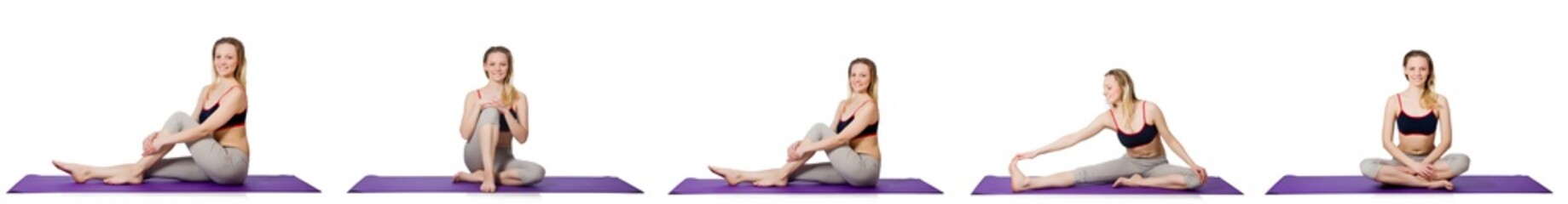 Obraz premium Young female doing exercises on white