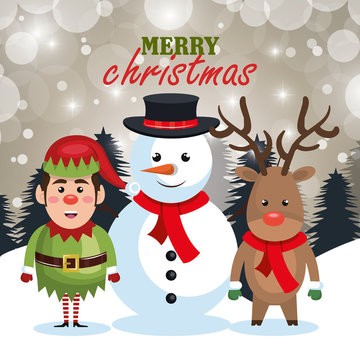 card christmas santa elf and reindeer snow and pine vector illustration