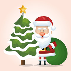 santa claus tree christmas and bag gift green design vector illustration