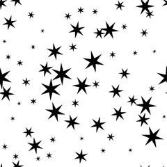 Seamless black, white abstract pattern with stars. Memphis style, 80th.