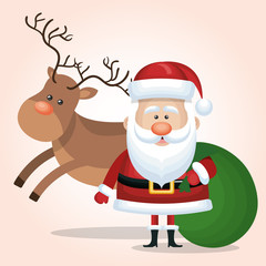Fototapeta na wymiar santa calus card reindeer and bag gift green vector illustraion