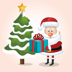 card merry christmas santa claus gift and tree vector illustration