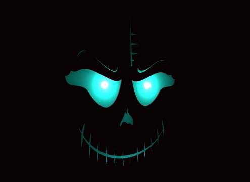 Doodle Skull with Evil Laugh. Simple silhouette. Neon shining. 3D rendering