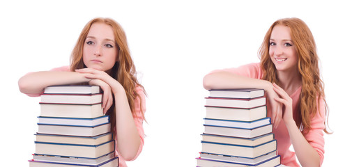 Woman student with stacks of books