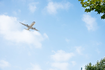 commercial plane flying against blue sky,china.