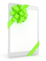 White tablet with green bow and empty screen. 3D rendering.