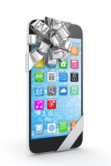 Black phone with silver bow and icons. 3D rendering.