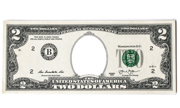 two dollars bills image as a frame for personal photographs on white background
