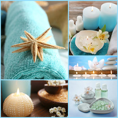 Collage of beautiful spa compositions. SPA treatment concept.