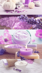 Collage of cosmetic products and spa compositions. Beauty treatment concept.