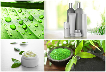 Collage of cosmetic products and spa compositions. Beauty treatment concept.