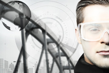 Technologies of the future concept. Young man with futuristic glasses