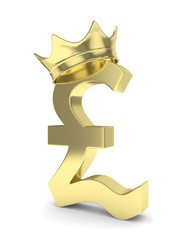 Isolated golden pound sign with crown on white background. British currency. Concept of investment, european market, savings. Power, luxury and wealth. Great Britain, Nothern Ireland. 3D rendering.